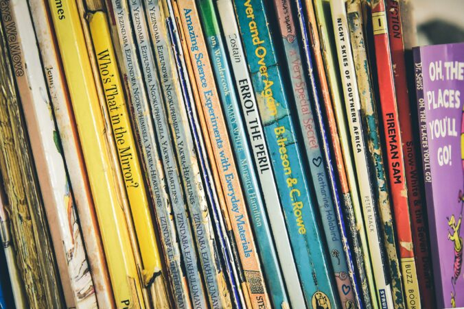 Image of numerous picture books on a shelf