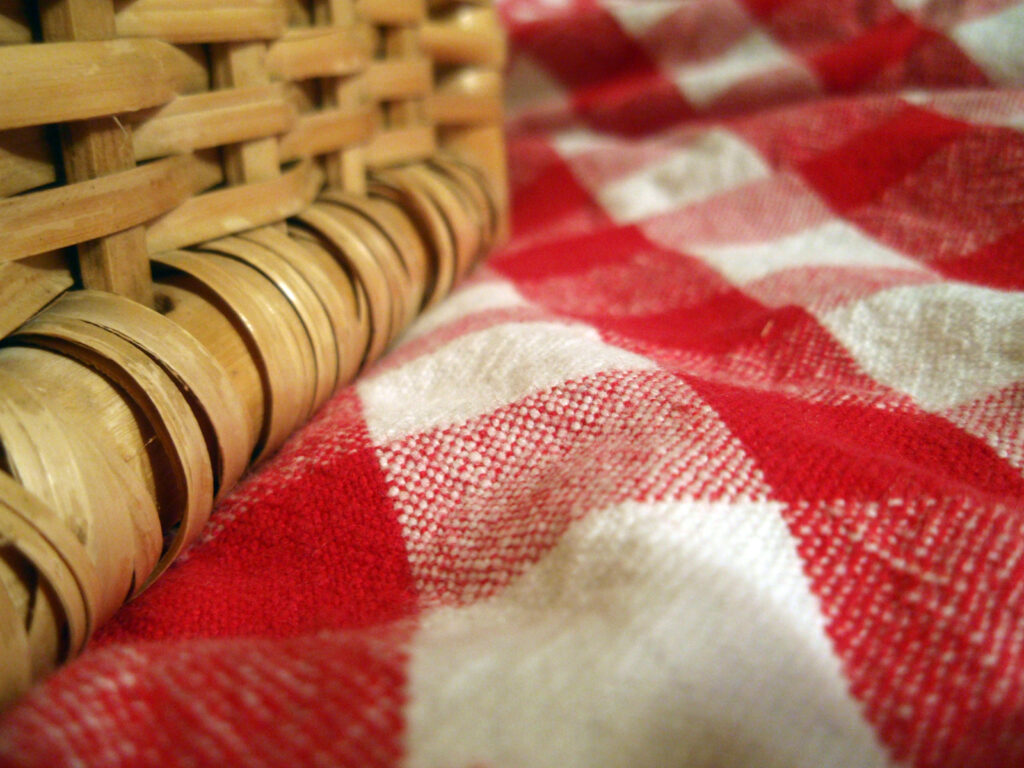 Close up image of a red and white checkered picnic blanket with a wicker picnic basket on top.